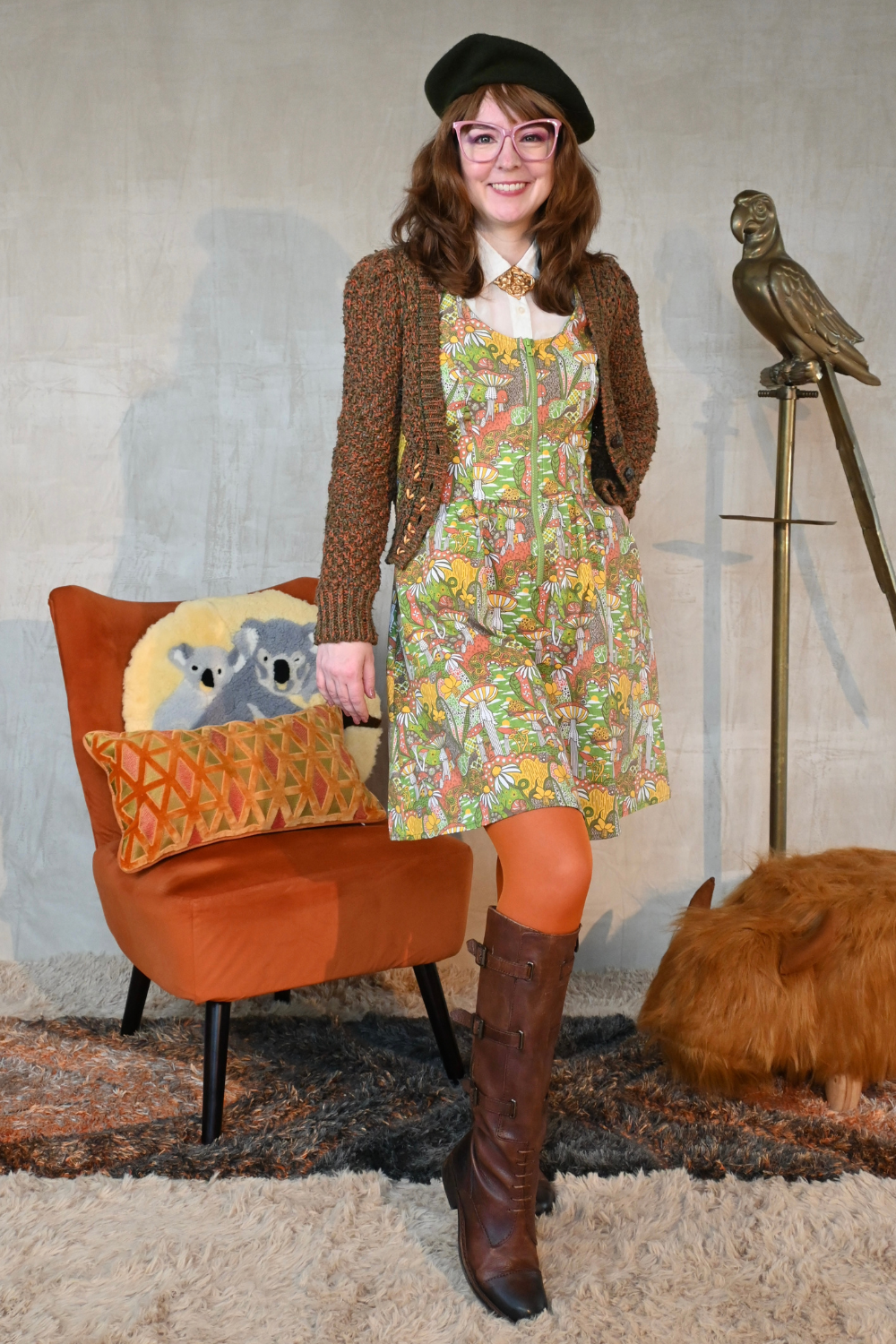Mushrooms Fit & Flare Midi Dress in Olive Blue Platypus Clothing