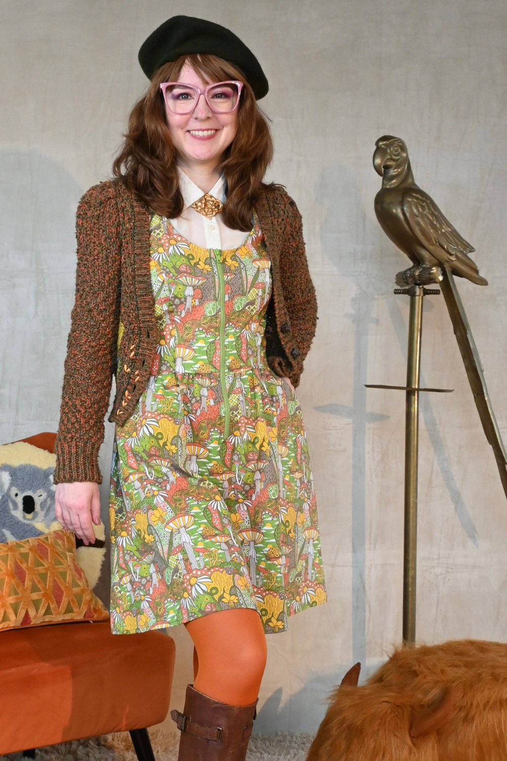 Mushrooms Fit & Flare Midi Dress in Olive Blue Platypus Clothing