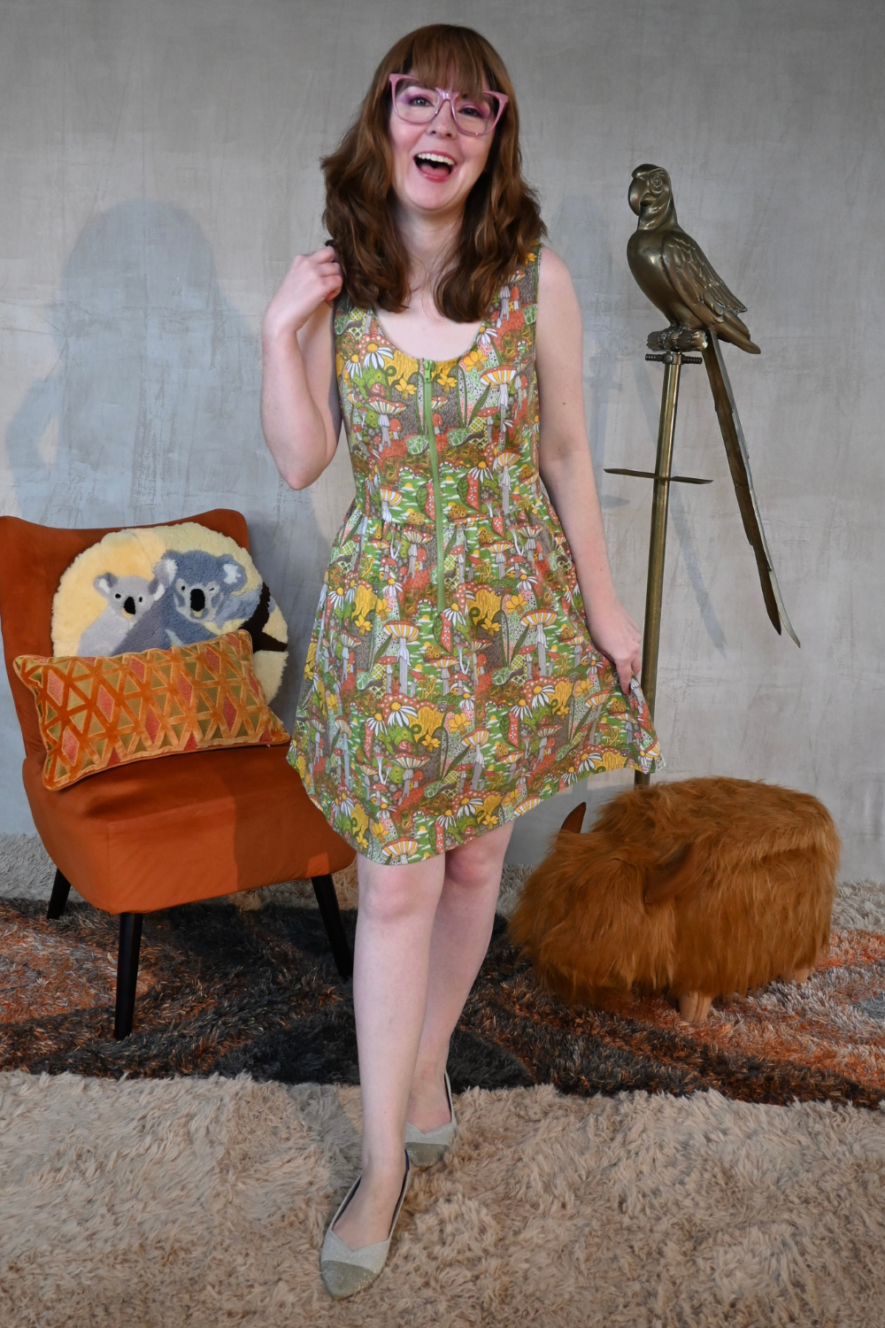 Mushrooms Fit & Flare Midi Dress in Olive Blue Platypus Clothing