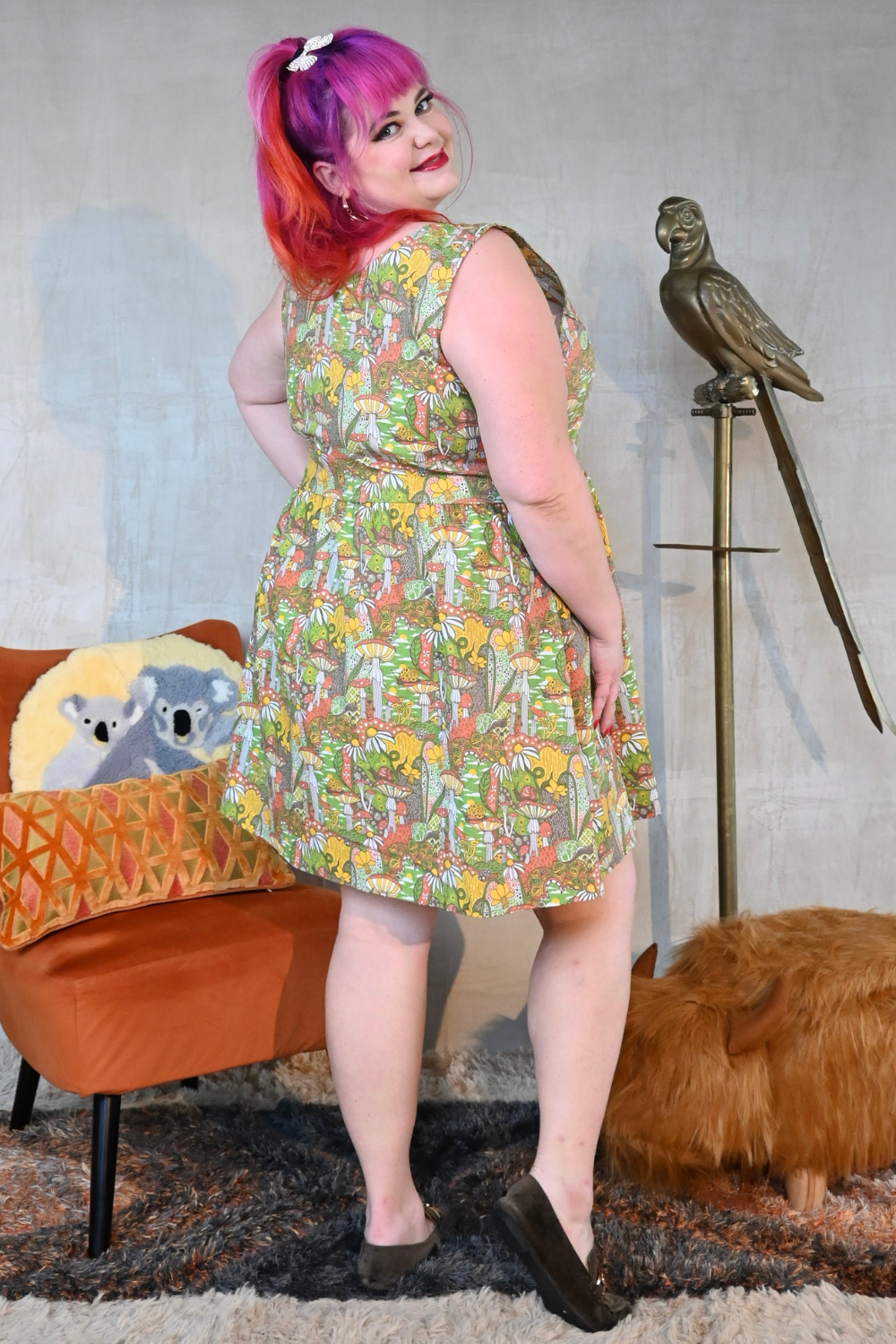 Mushrooms Fit & Flare Midi Dress in Olive Blue Platypus Clothing