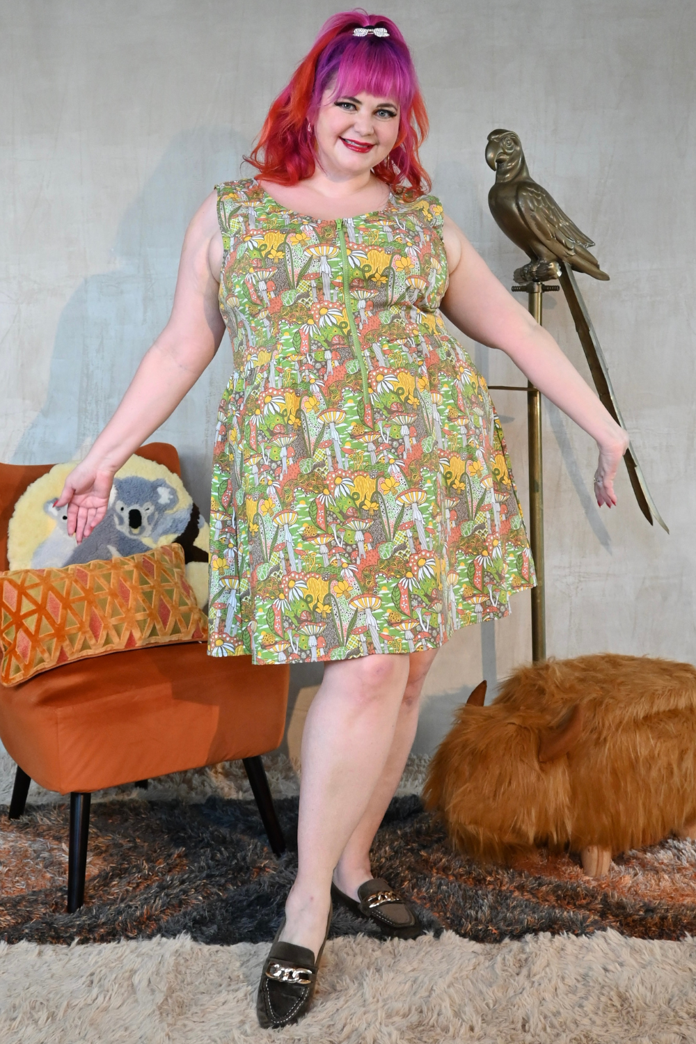 Mushrooms Fit & Flare Midi Dress in Olive Blue Platypus Clothing