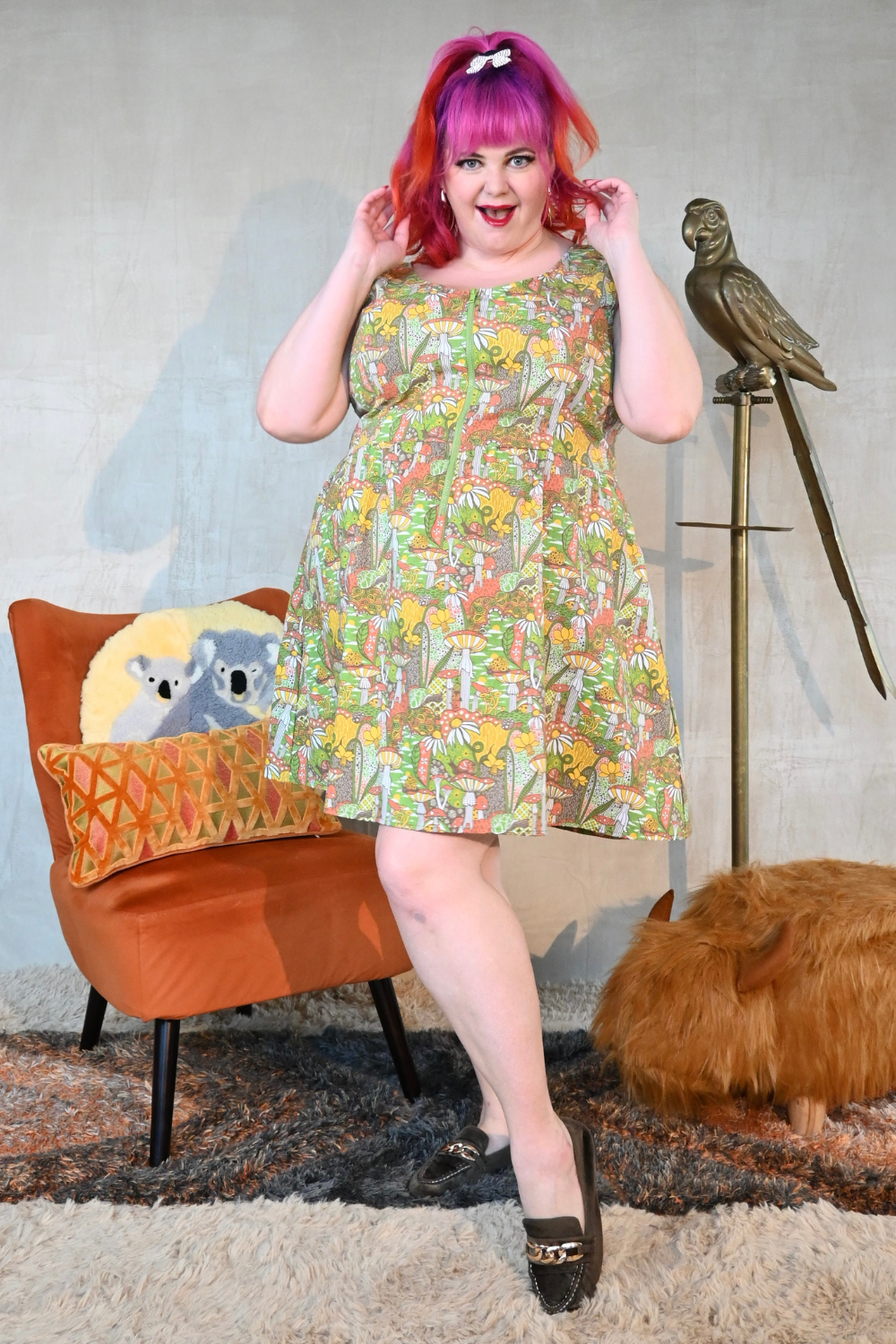 Mushrooms Fit & Flare Midi Dress in Olive Blue Platypus Clothing