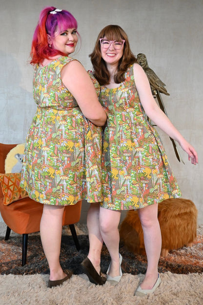 Mushrooms Fit & Flare Midi Dress in Olive Blue Platypus Clothing