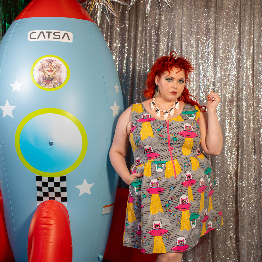Cats in Space Print Fit & Flare Midi Dress in Asteroid Field Blue Platypus Clothing