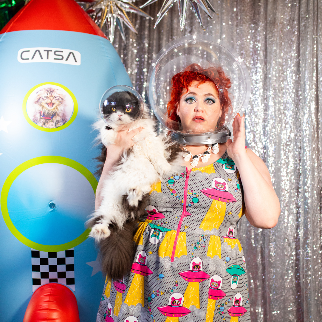 Cats in Space Print Fit & Flare Midi Dress in Asteroid Field Blue Platypus Clothing