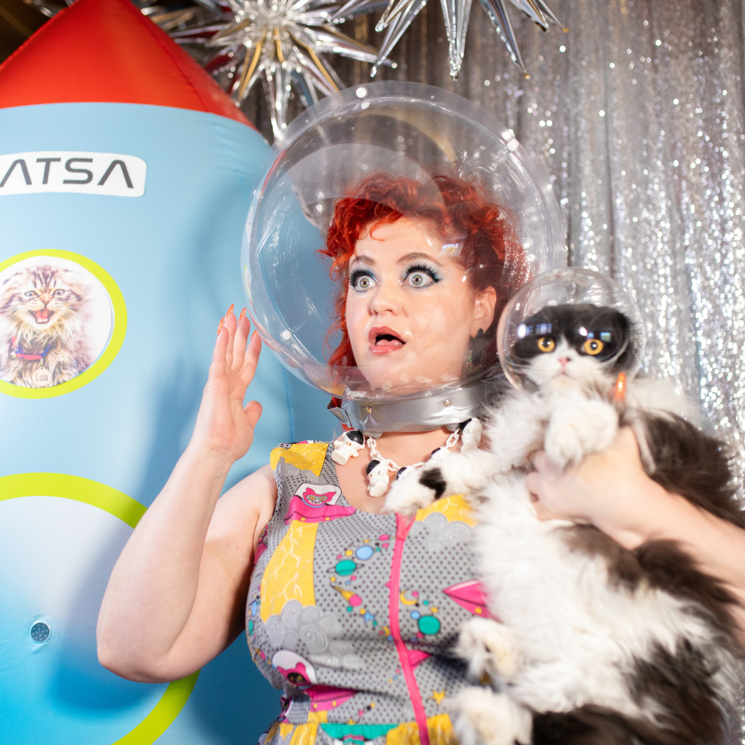 Cats in Space Print Fit & Flare Midi Dress in Asteroid Field Blue Platypus Clothing