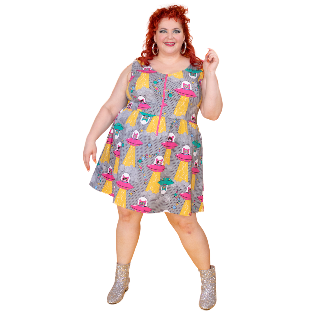 Cats in Space Print Fit & Flare Midi Dress in Asteroid Field Blue Platypus Clothing