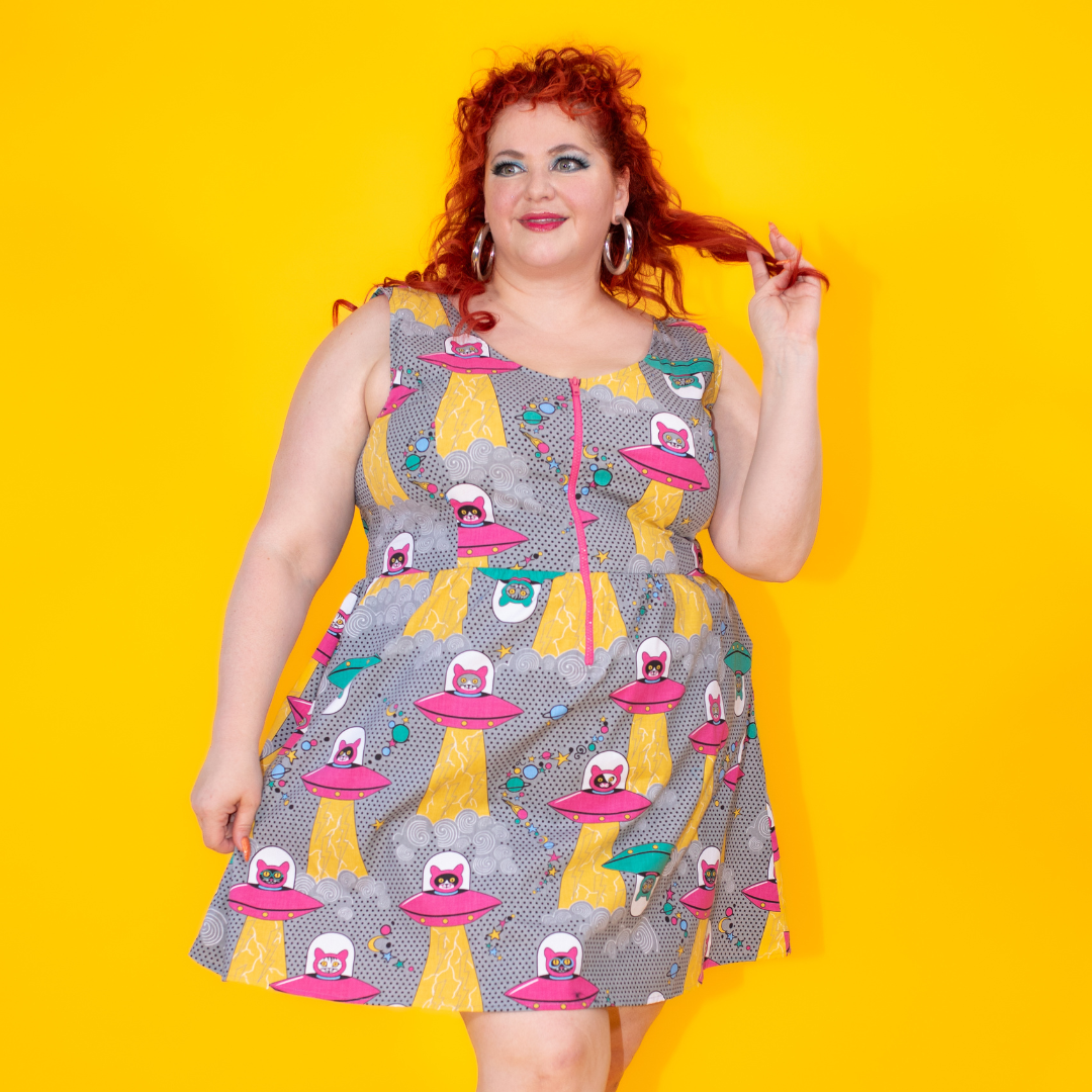 Cats in Space Print Fit & Flare Midi Dress in Asteroid Field Blue Platypus Clothing