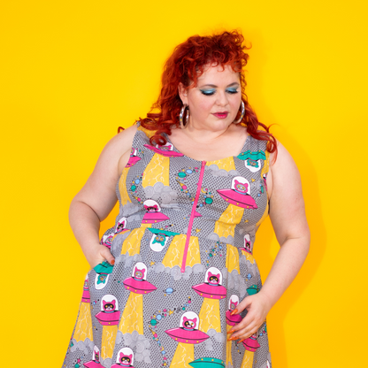 Cats in Space Print Fit & Flare Midi Dress in Asteroid Field Blue Platypus Clothing