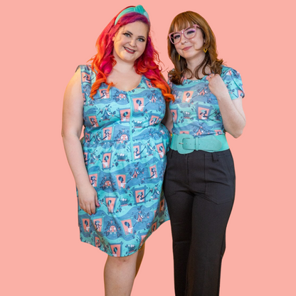 Brownstone Betties Tulip Sleeve Tee in Aqua & Peach Blue Platypus Clothing