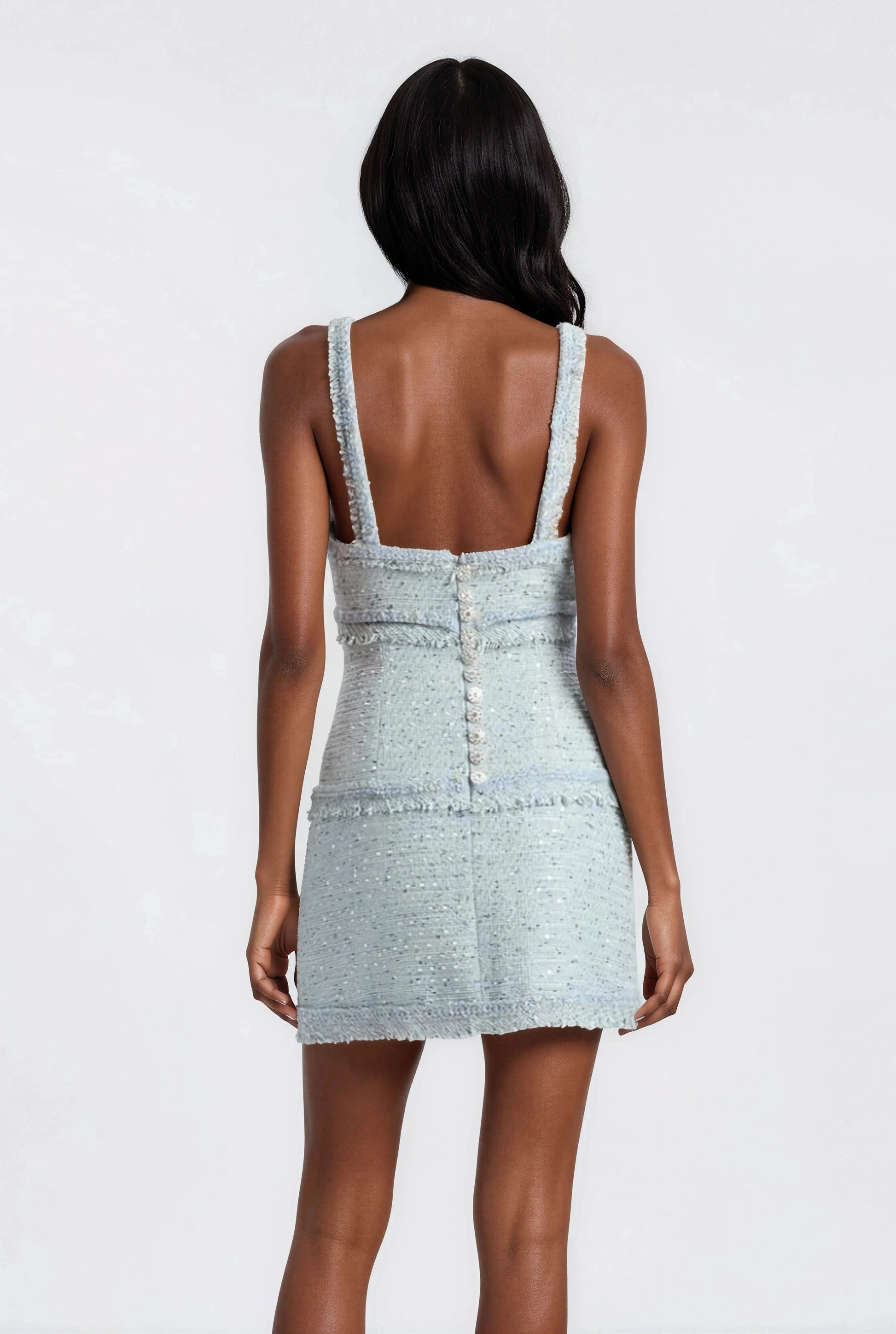 Elina Fringe Boucle Mini Dress – Blue Boucle XO, Tina