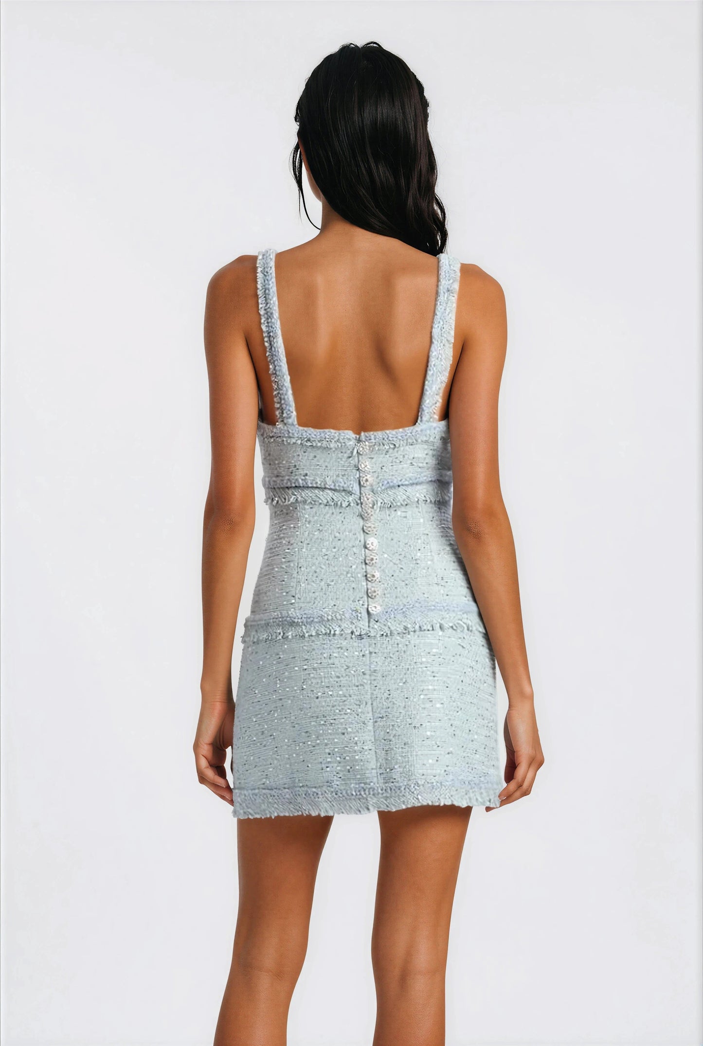 Elina Fringe Boucle Mini Dress – Blue Boucle XO, Tina