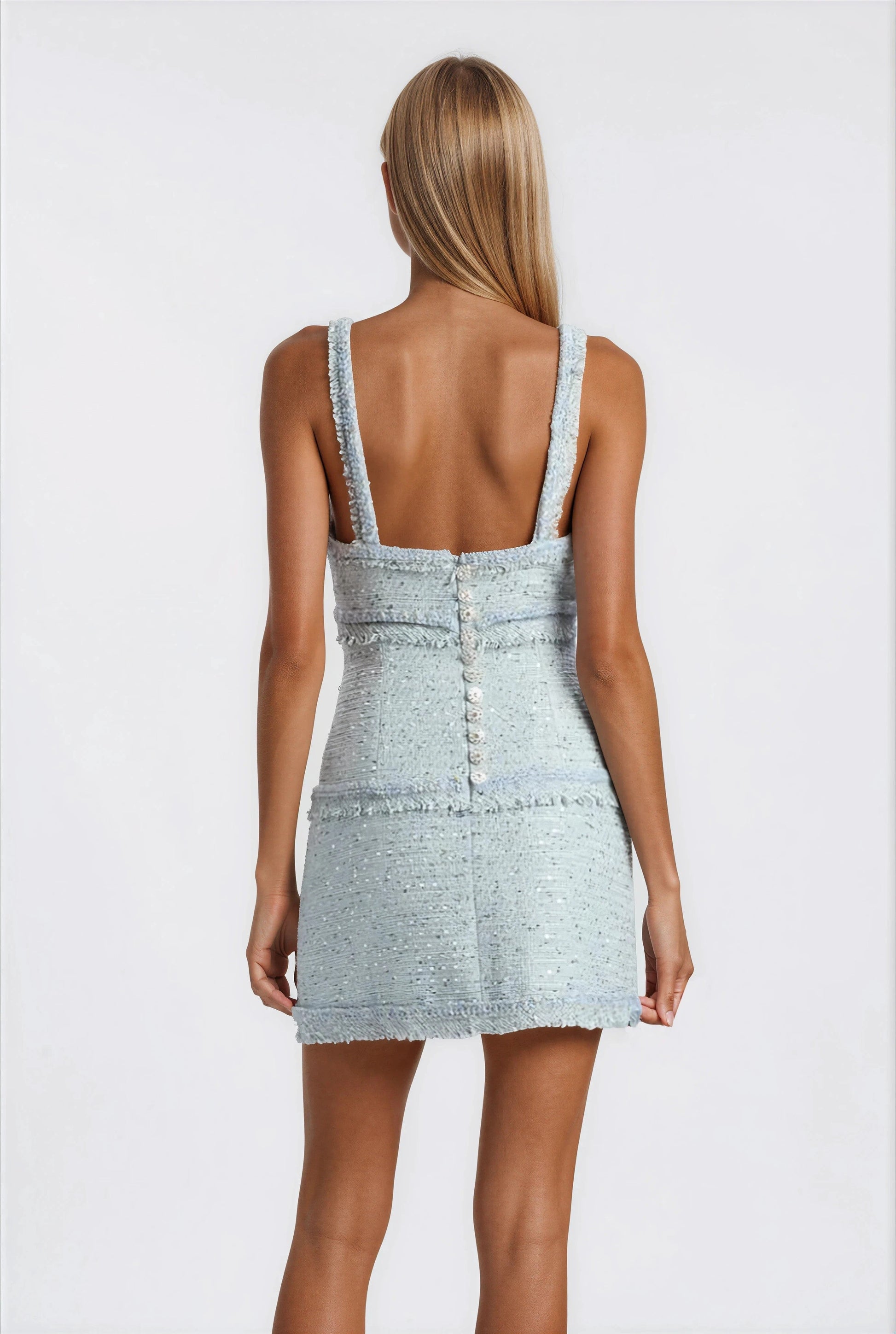 Elina Fringe Boucle Mini Dress – Blue Boucle XO, Tina