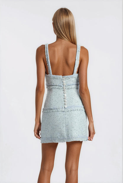 Elina Fringe Boucle Mini Dress – Blue Boucle XO, Tina