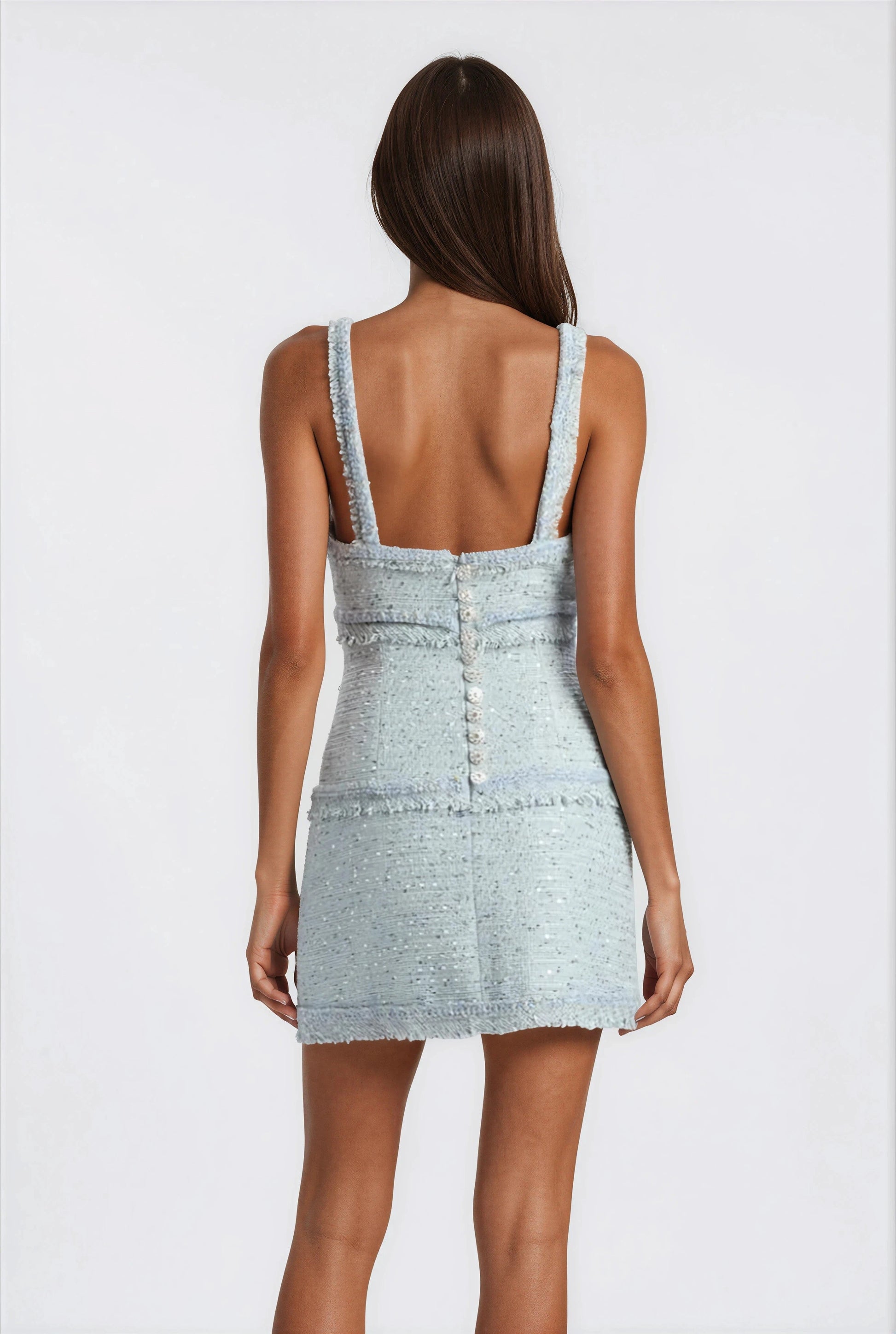Elina Fringe Boucle Mini Dress – Blue Boucle XO, Tina