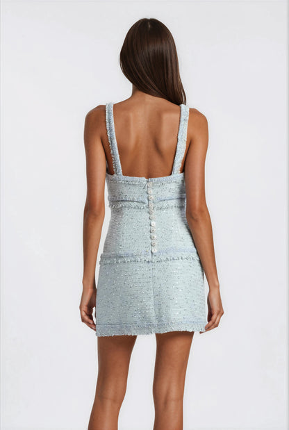 Elina Fringe Boucle Mini Dress – Blue Boucle XO, Tina