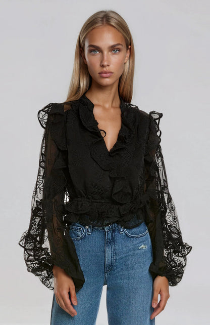Frill Embroidered Blouse – Black XO, Tina