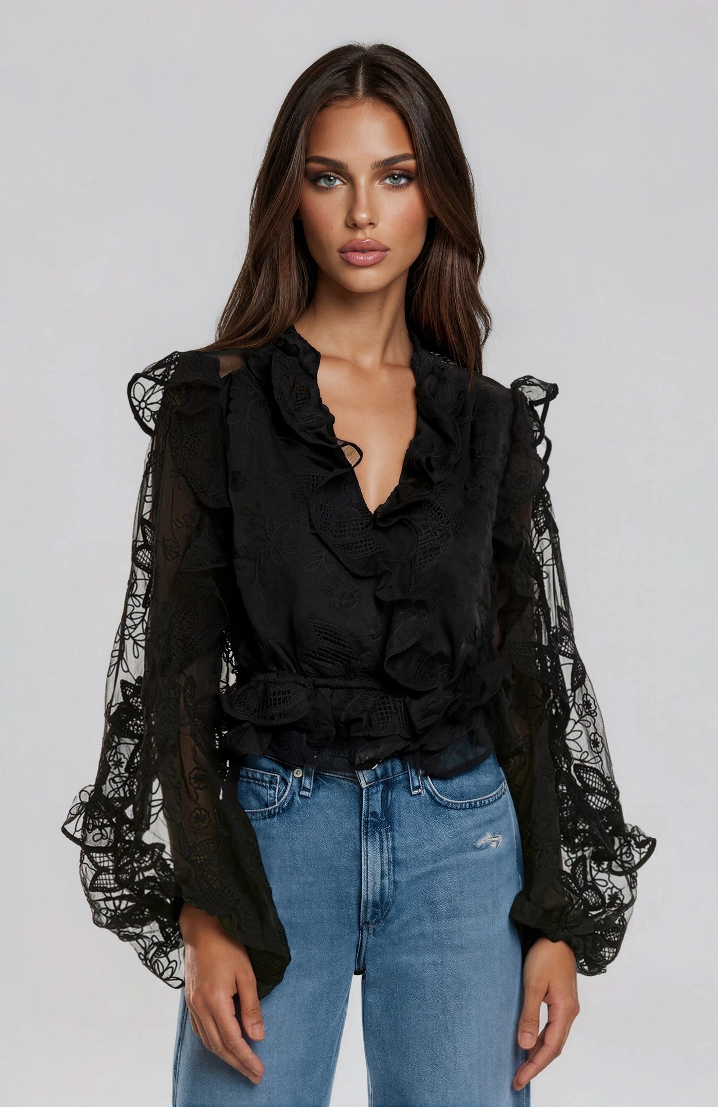 Frill Embroidered Blouse – Black XO, Tina