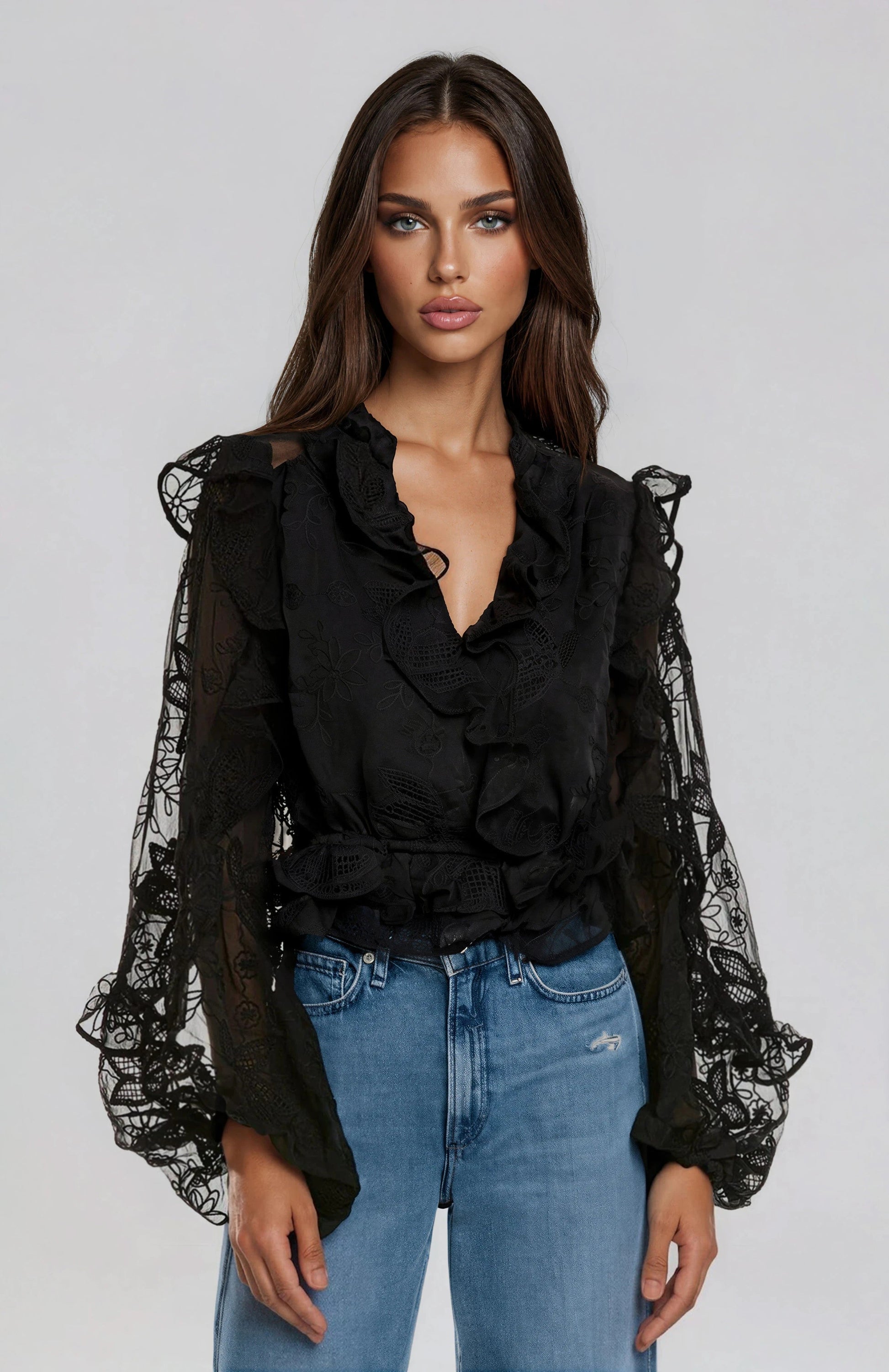 Frill Embroidered Blouse – Black XO, Tina