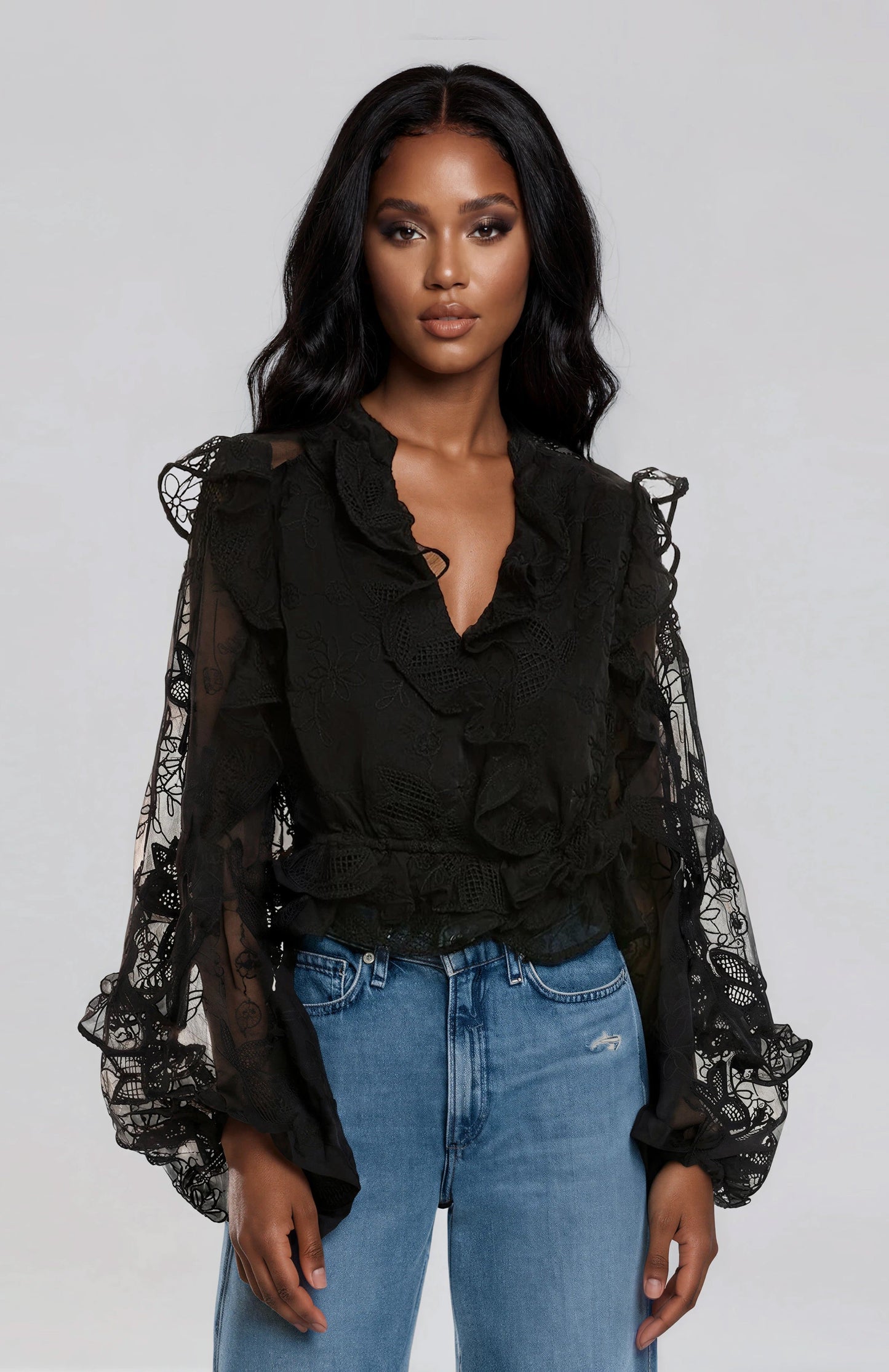 Frill Embroidered Blouse – Black XO, Tina