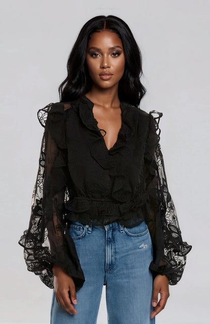 Frill Embroidered Blouse – Black XO, Tina