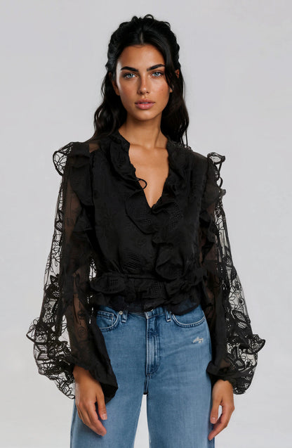 Frill Embroidered Blouse – Black XO, Tina