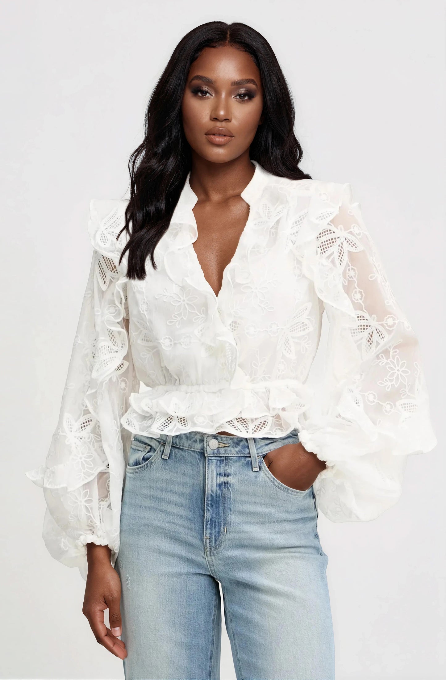 Frill Embroidered Blouse – Orchid White XO, Tina