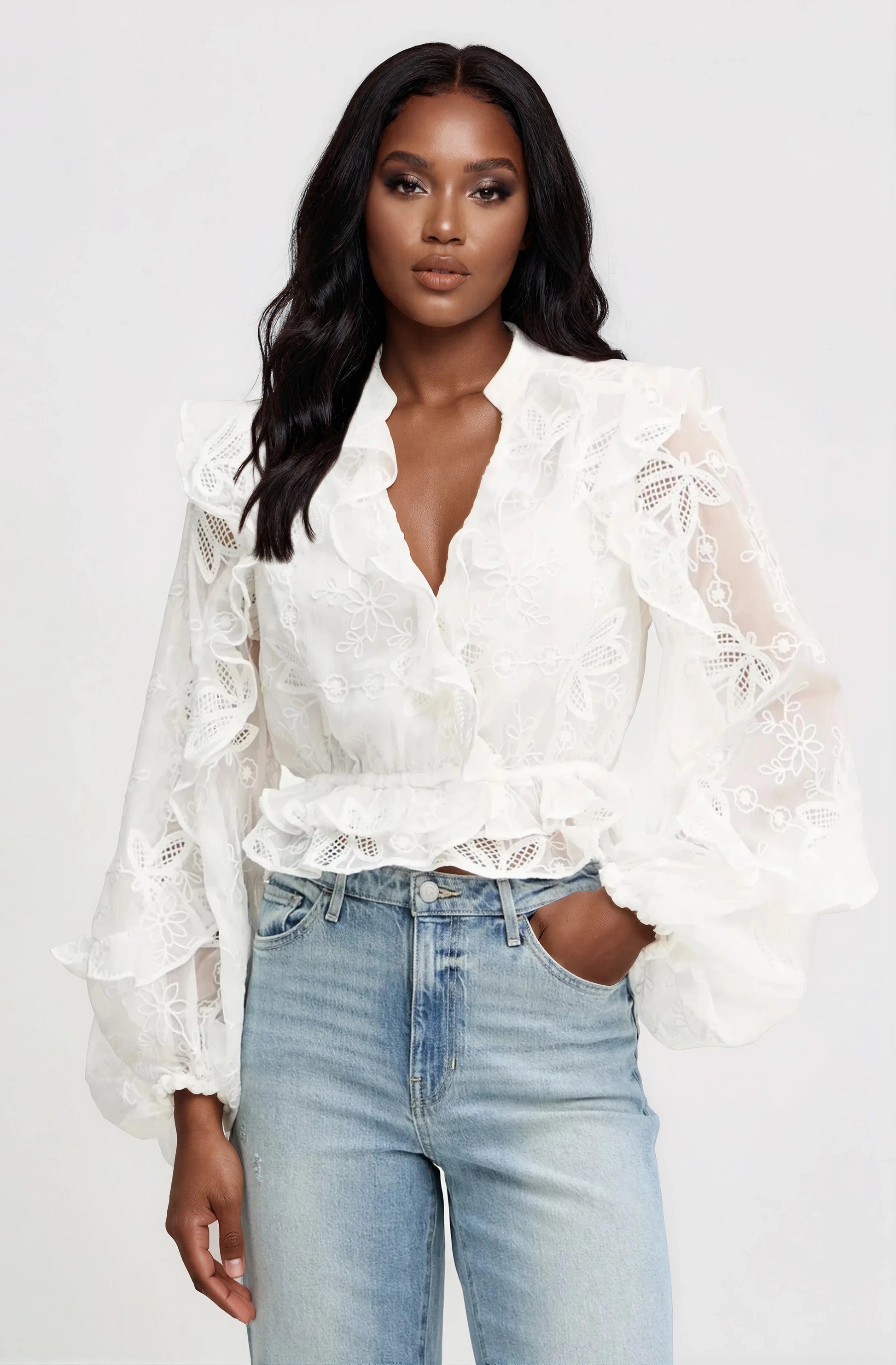 Frill Embroidered Blouse – Orchid White XO, Tina