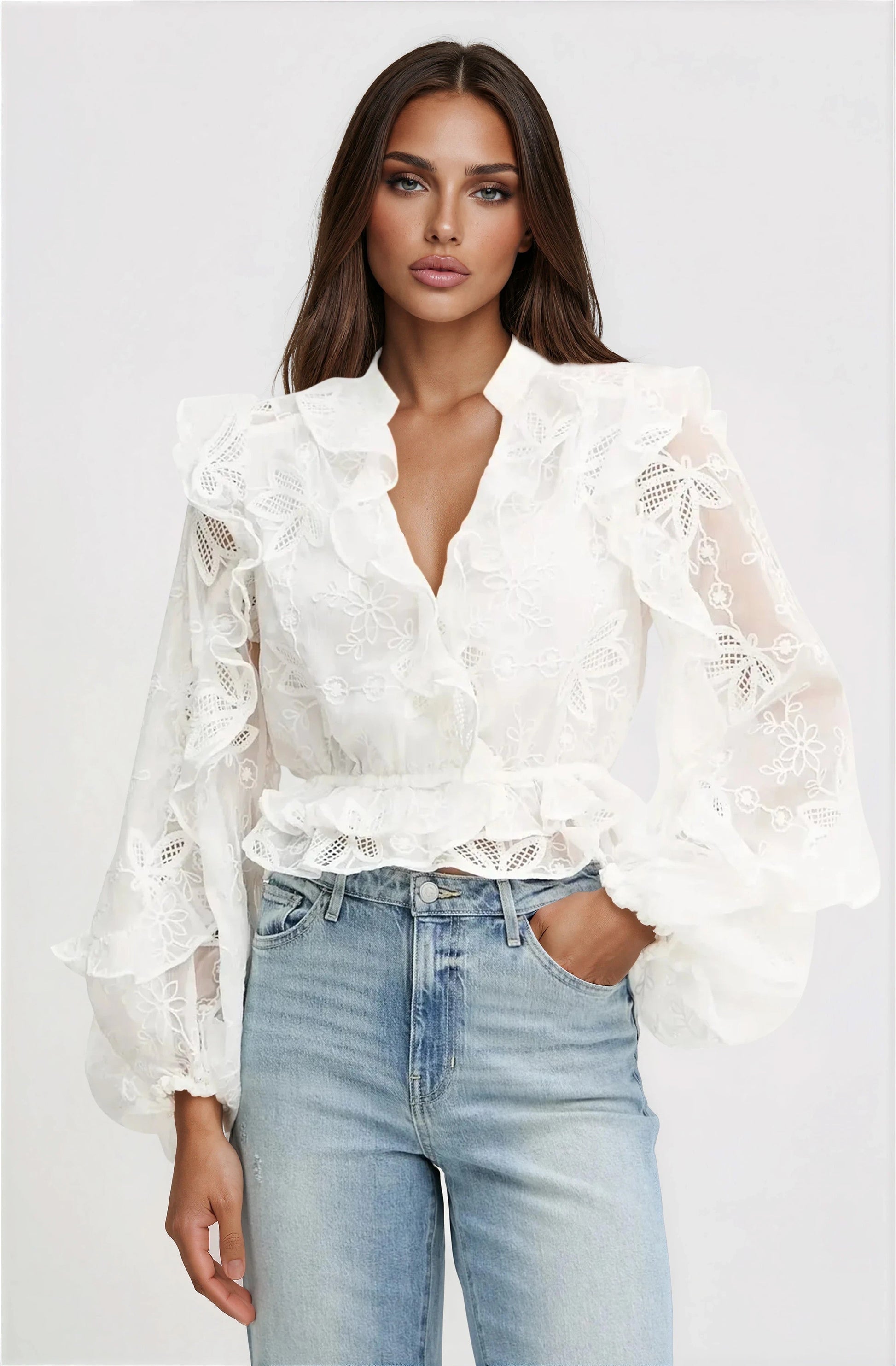 Frill Embroidered Blouse – Orchid White XO, Tina