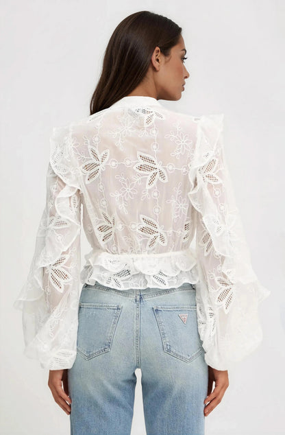 Frill Embroidered Blouse – Orchid White XO, Tina