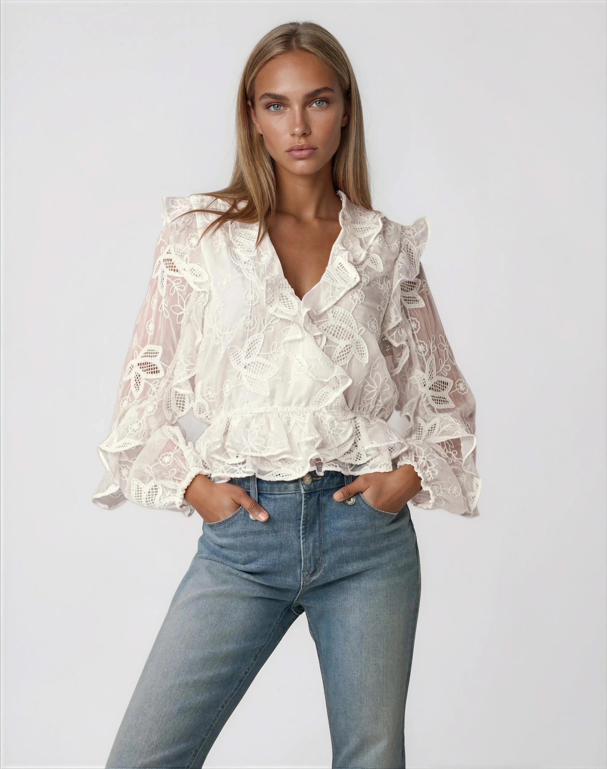 Frill Embroidered Blouse – Orchid White XO, Tina