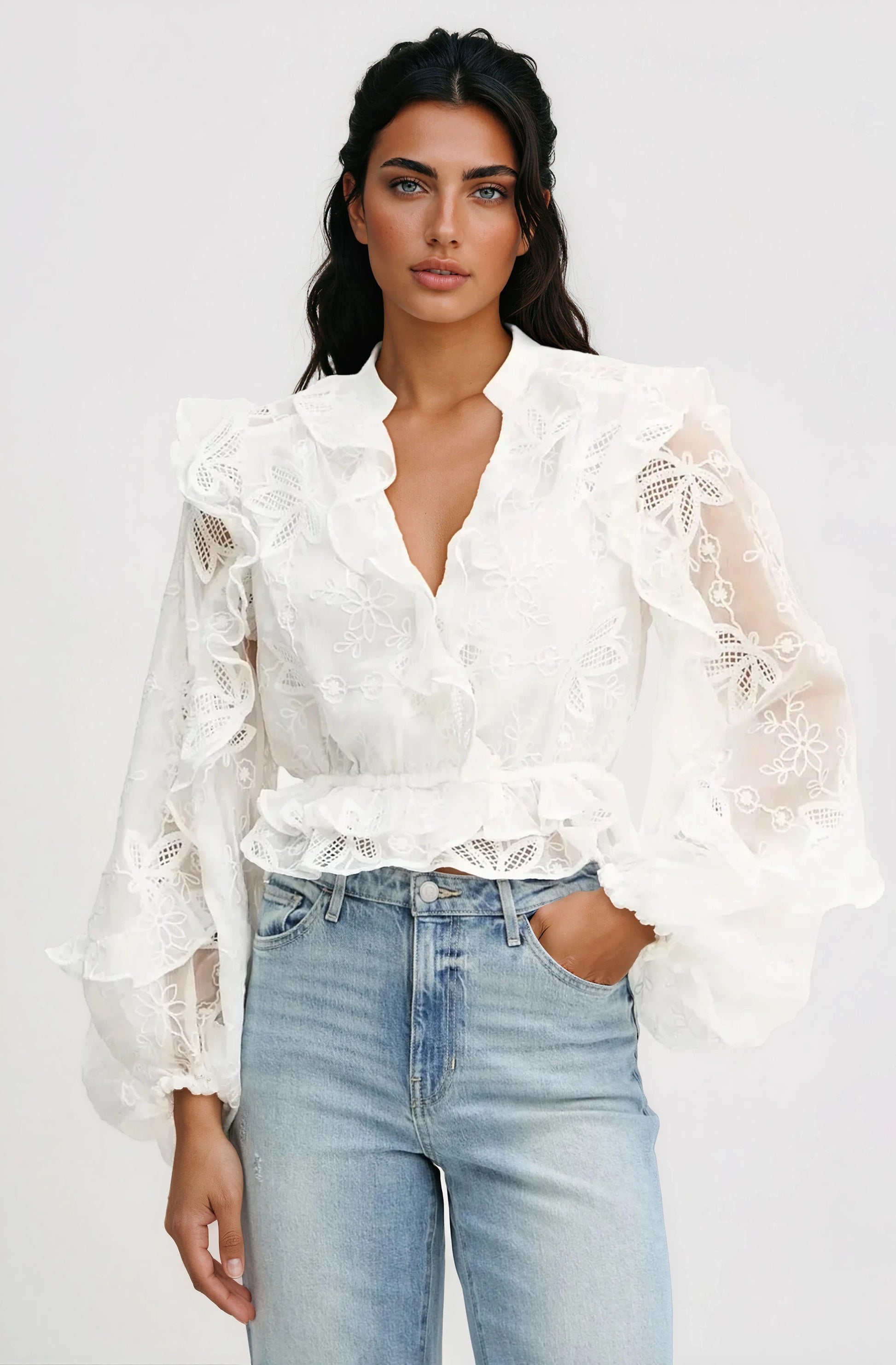 Frill Embroidered Blouse – Orchid White XO, Tina