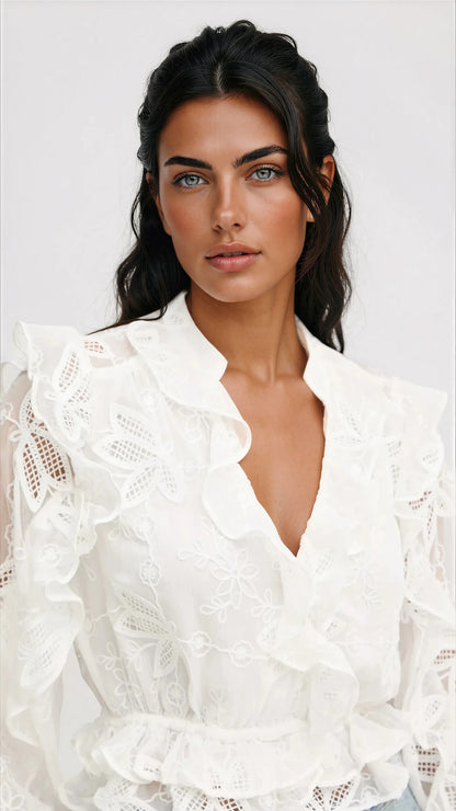 Frill Embroidered Blouse – Orchid White XO, Tina