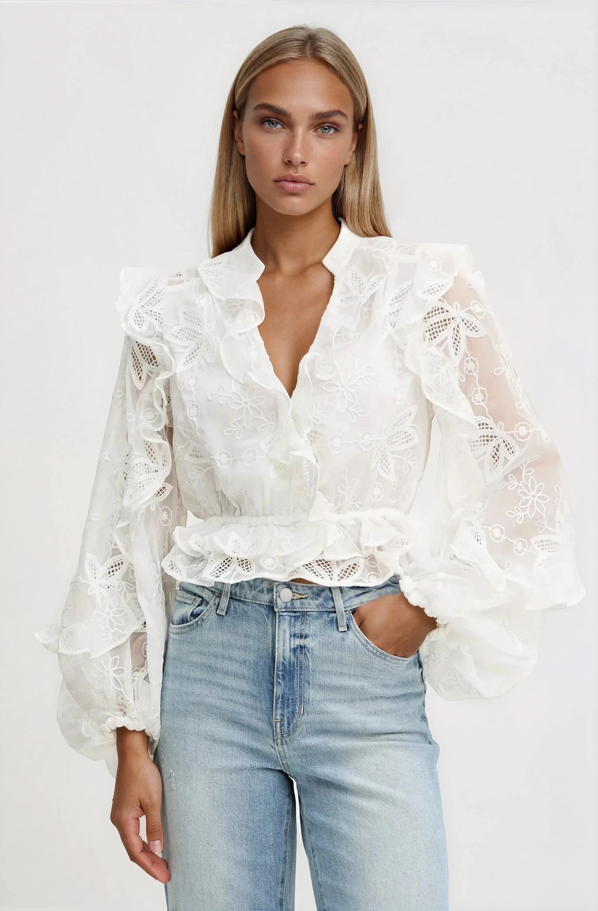 Frill Embroidered Blouse – Orchid White XO, Tina