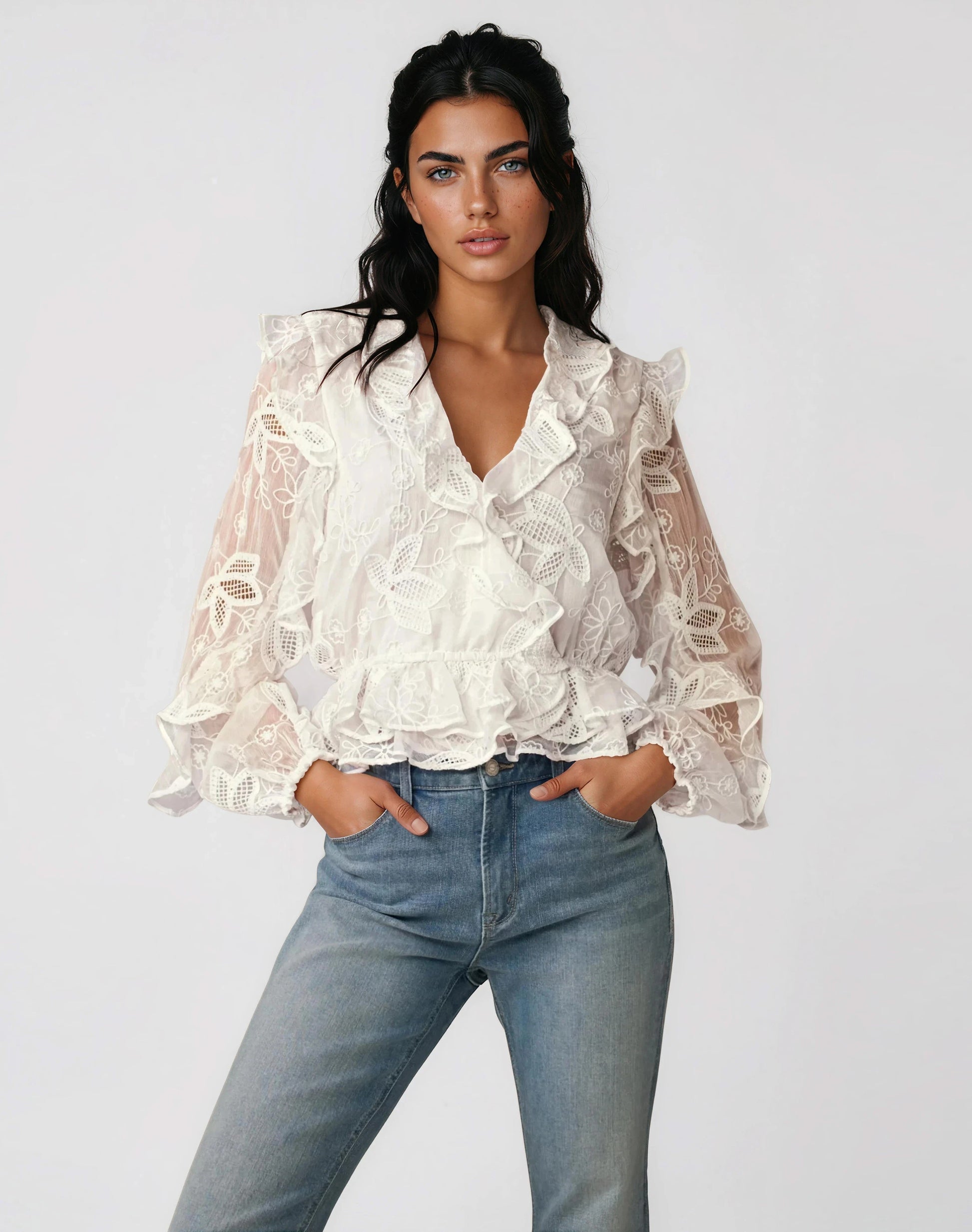 Frill Embroidered Blouse – Orchid White XO, Tina