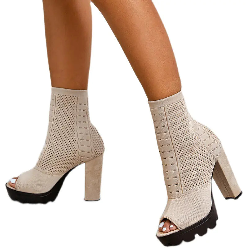 Chunky High Heel Round Toe Fish Mouth Shoes for Women