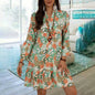 Printed V-neck Button Pleated Dress