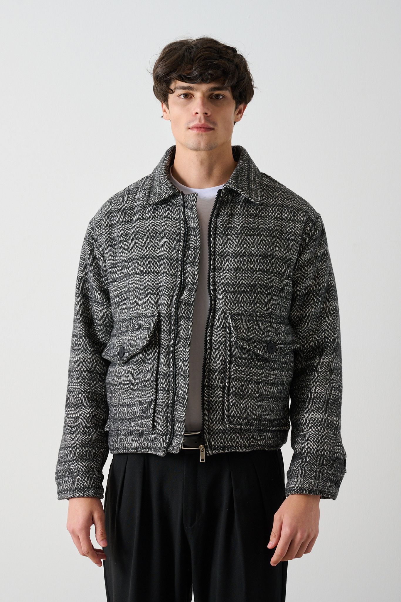 Black-White Patterned Wool-Like Oversized Men’s Jacket Withinblack