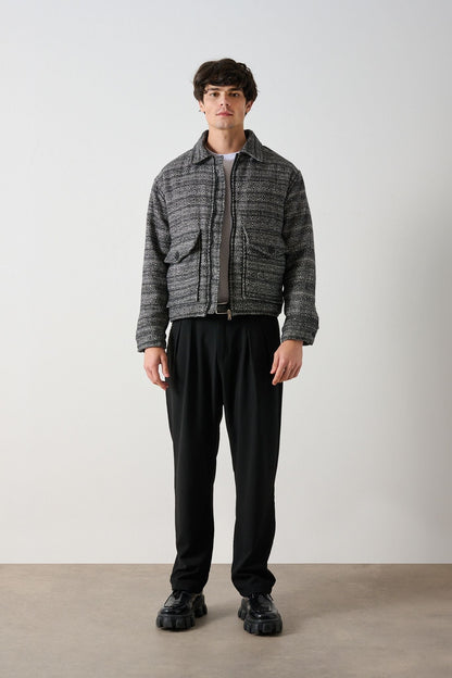 Black-White Patterned Wool-Like Oversized Men’s Jacket Withinblack