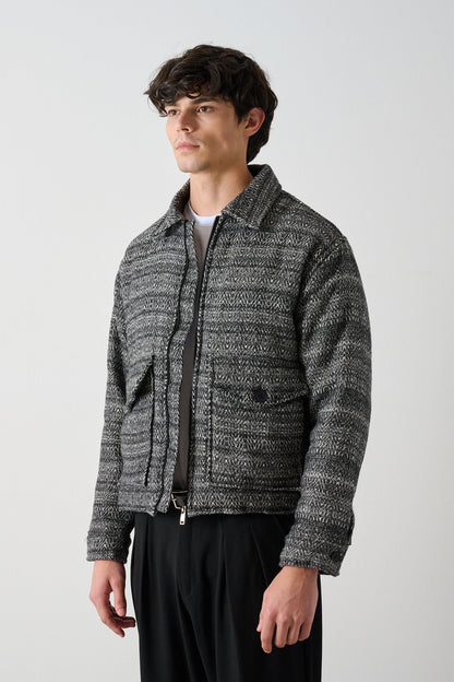 Black-White Patterned Wool-Like Oversized Men’s Jacket Withinblack