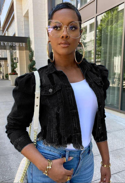 Chic Distressed Denim Puffy Sleeves Jacket – Fashionable Cropped Jean Jacket Country in My Heart