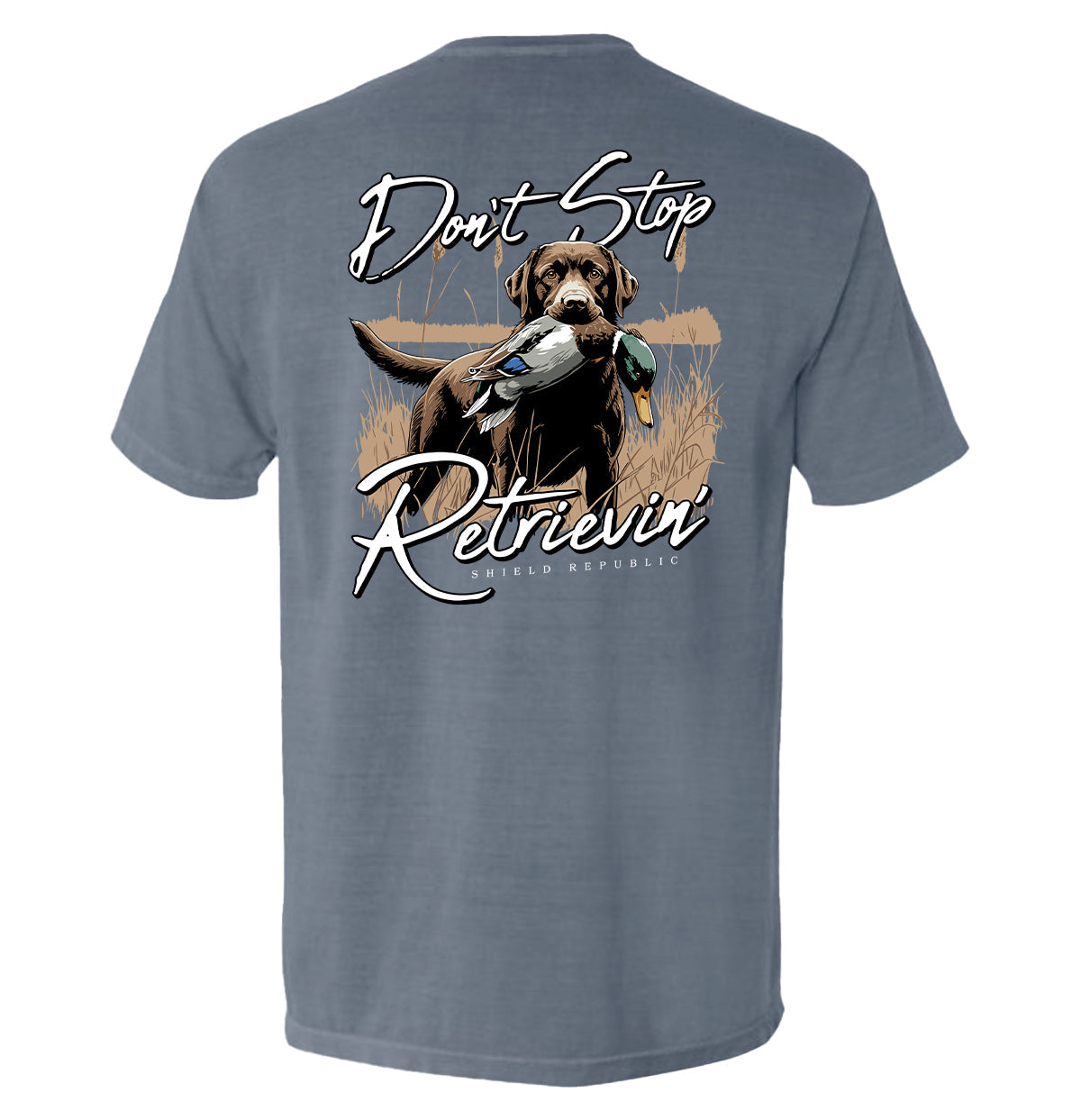 Don't Stop Retrievin' Chocolate Lab Shield Republic