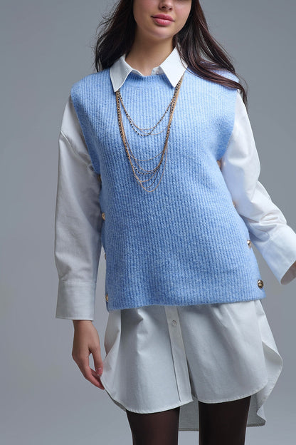 Blue sleeveless sweater with gold buttons on side Q2store