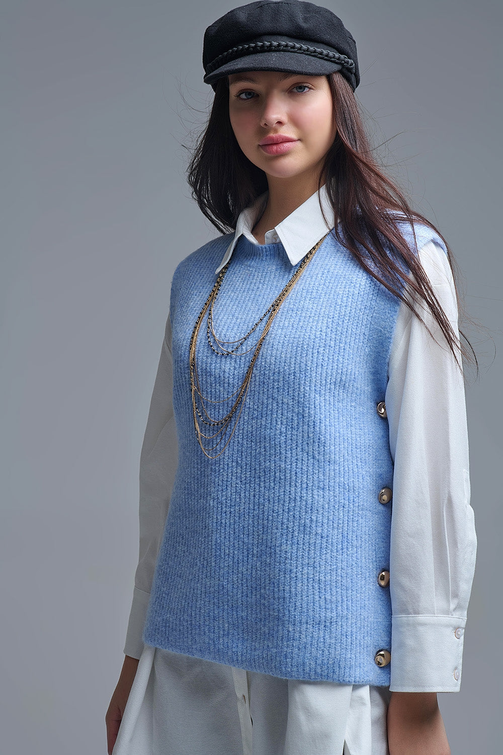 Blue sleeveless sweater with gold buttons on side Q2store