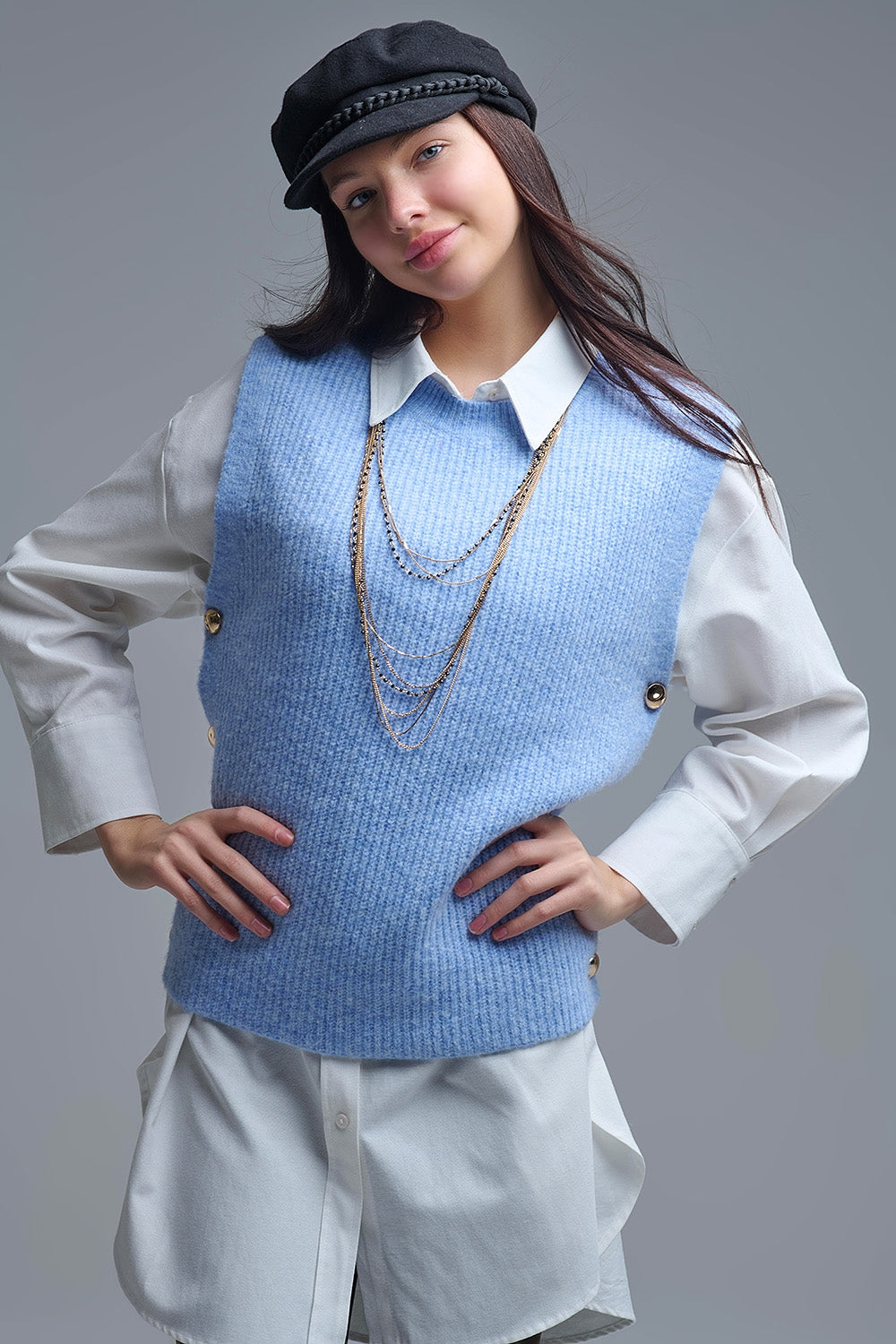 Blue sleeveless sweater with gold buttons on side Q2store