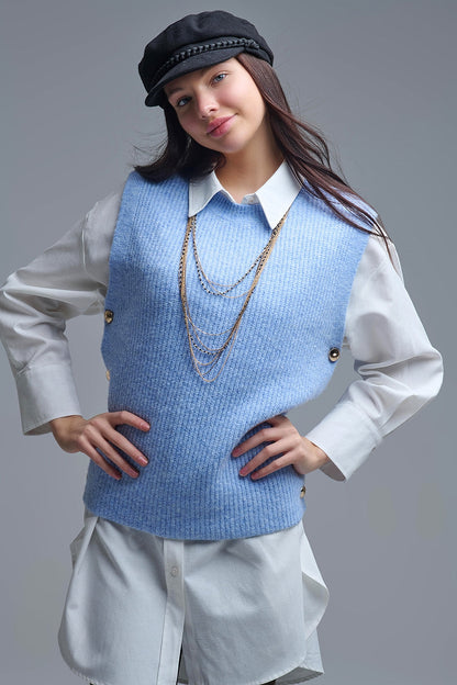 Blue sleeveless sweater with gold buttons on side Q2store