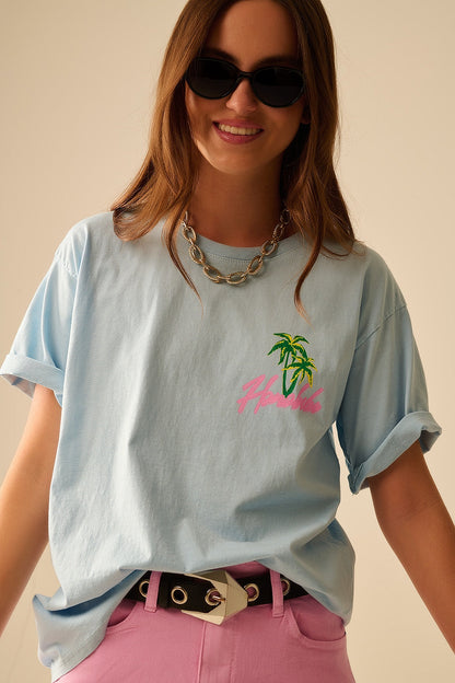 Blue t-shirt made in Italy with Honolulu graphic Q2store