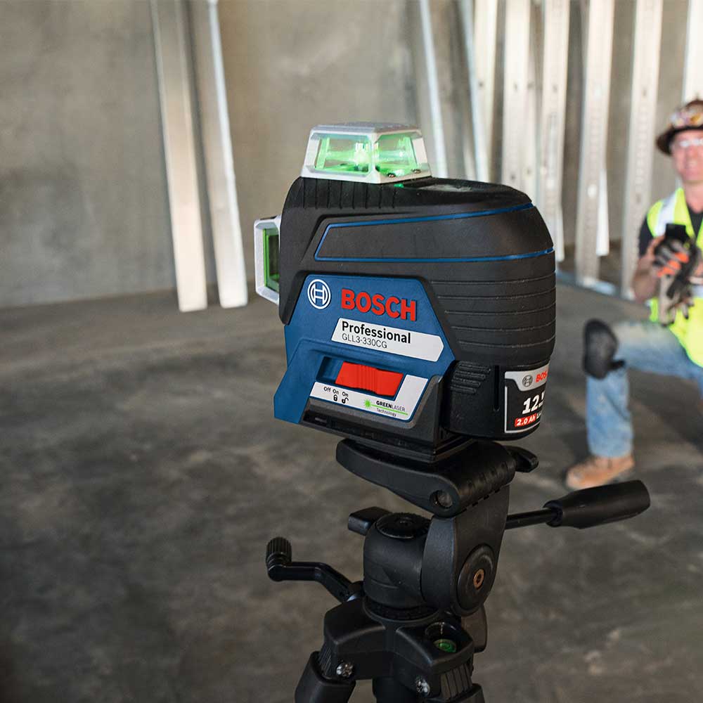 BOSCH GLL3-330CG-B 360-Degree Green Beam Three-Plane Line Laser Level with 2 Batteries VM Hardware