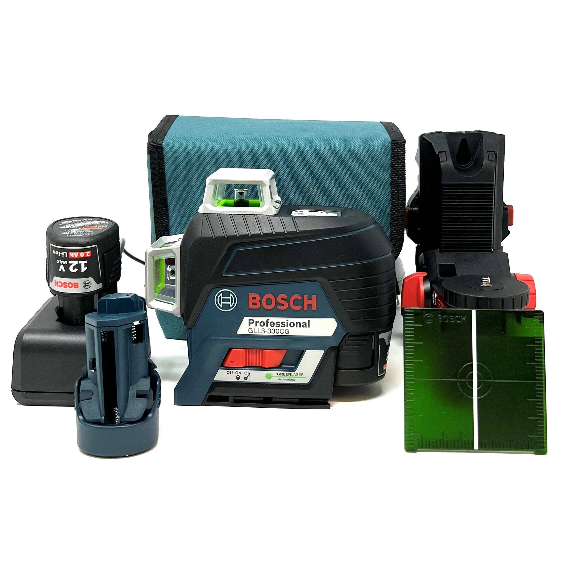 BOSCH GLL3-330CG-B 360-Degree Green Beam Three-Plane Line Laser Level with 2 Batteries VM Hardware