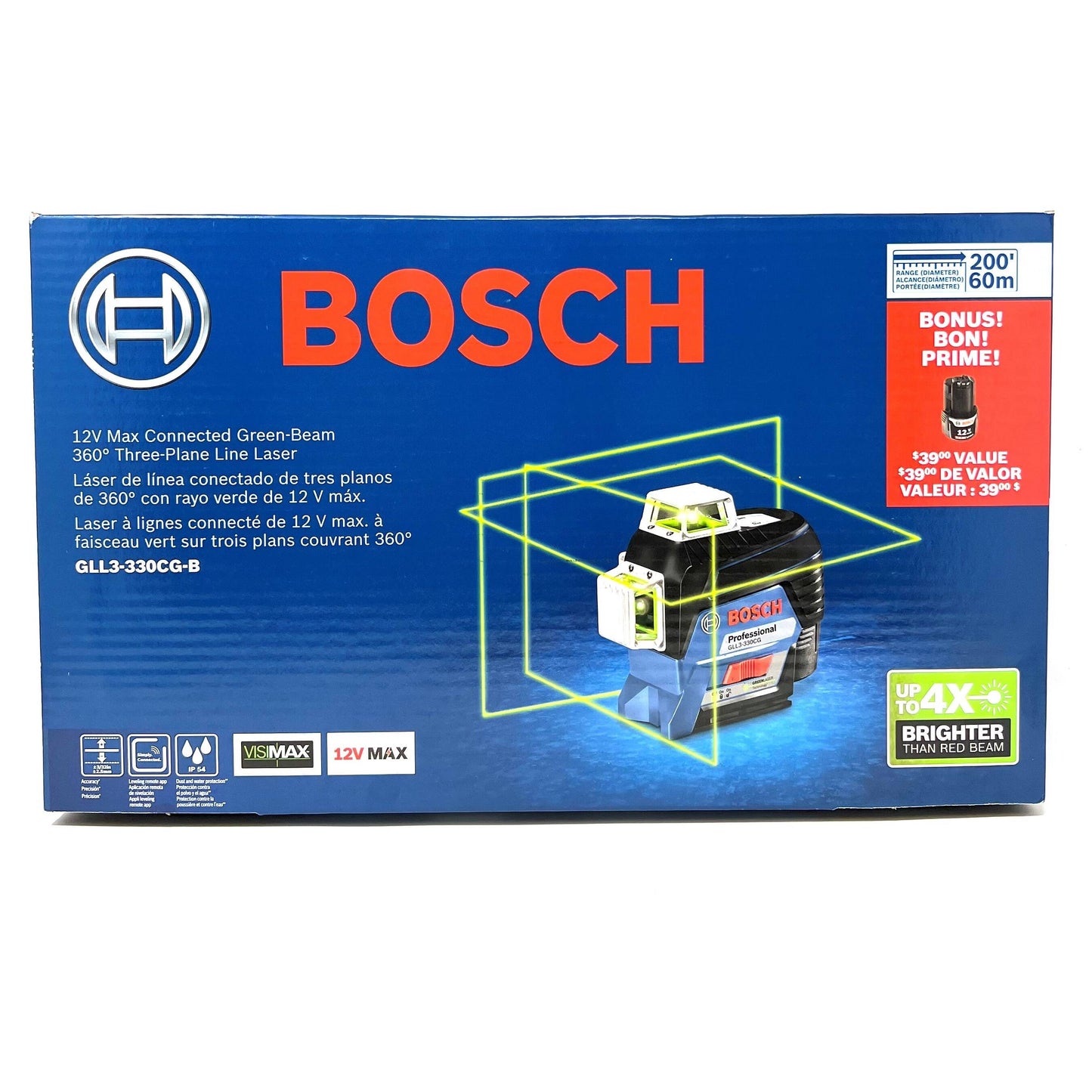 BOSCH GLL3-330CG-B 360-Degree Green Beam Three-Plane Line Laser Level with 2 Batteries VM Hardware